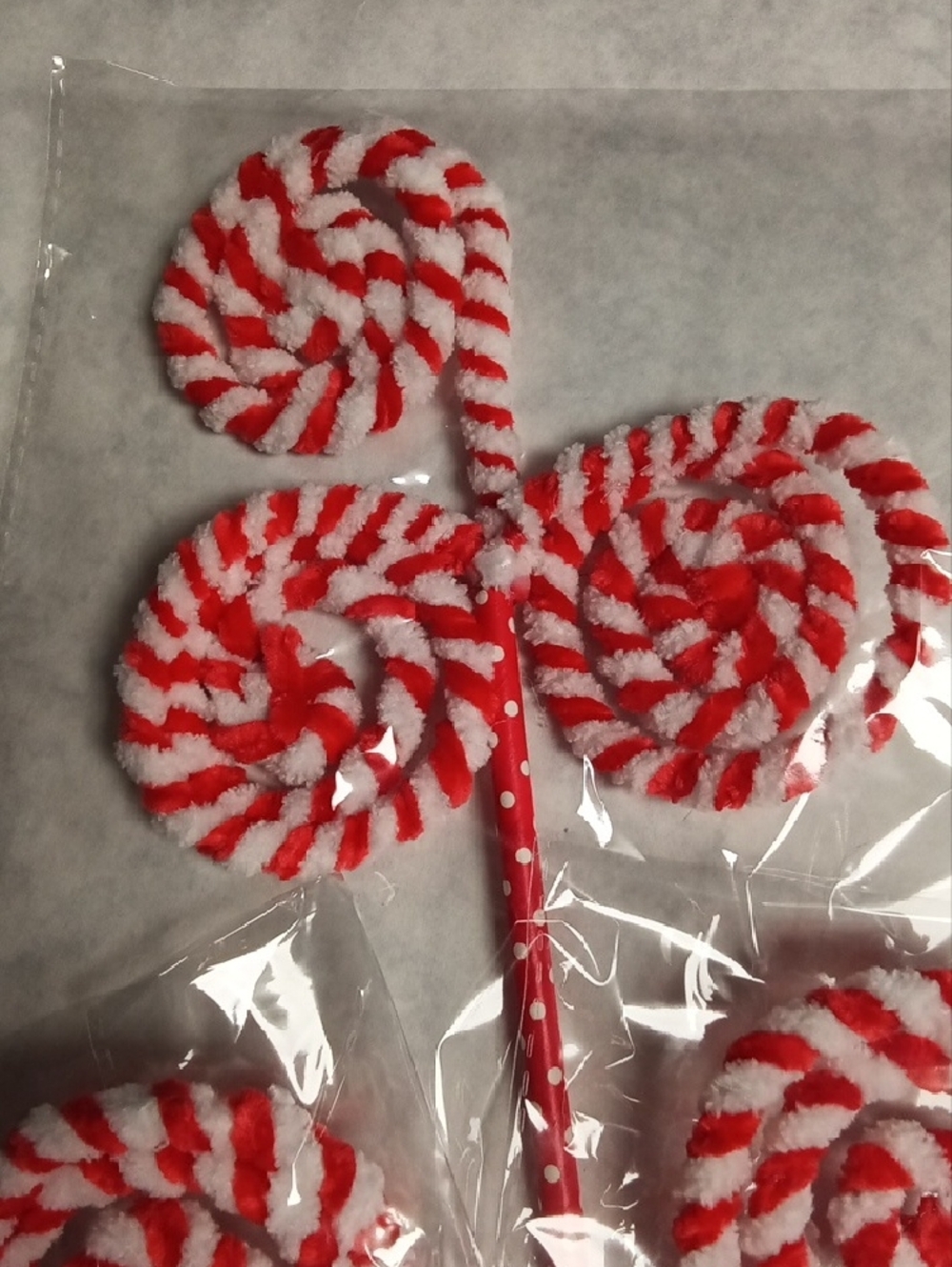 Hand Crafted Red and White Chenille Spiral Lollipop Picks - Festive Party Stems - Picture 2 of 6